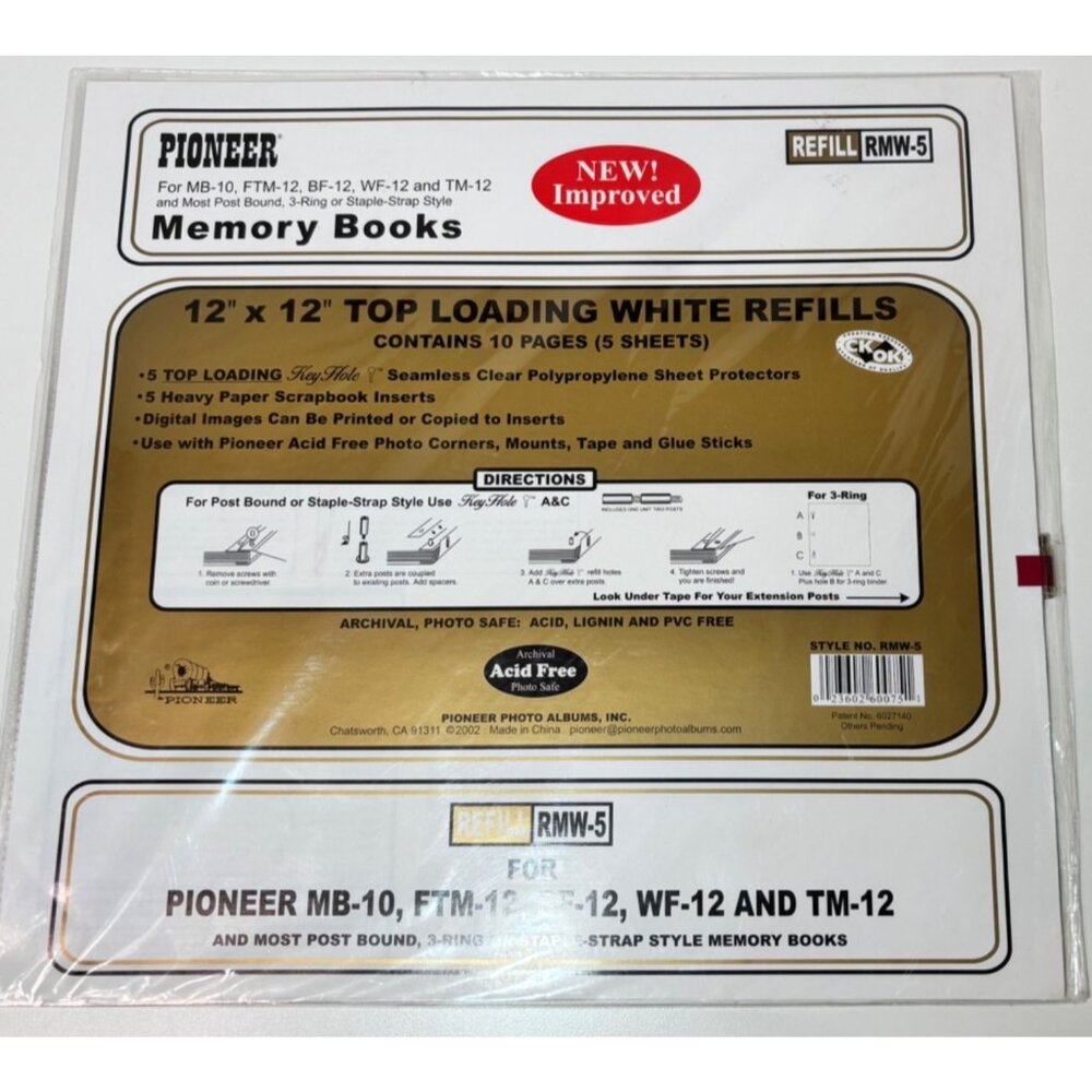 Pioneer Memory Books 12” X 12” Top Loading White Refill Pages RMW-5 Scrapbook